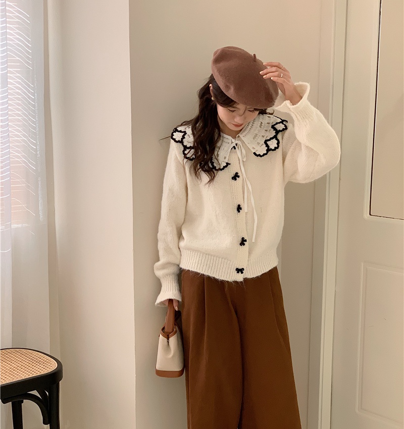 Lapel bow Korean style sweater tender knitted splice cardigan