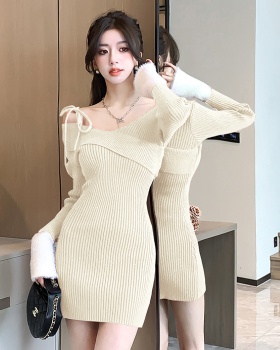Knitted oblique collar dress strapless T-back