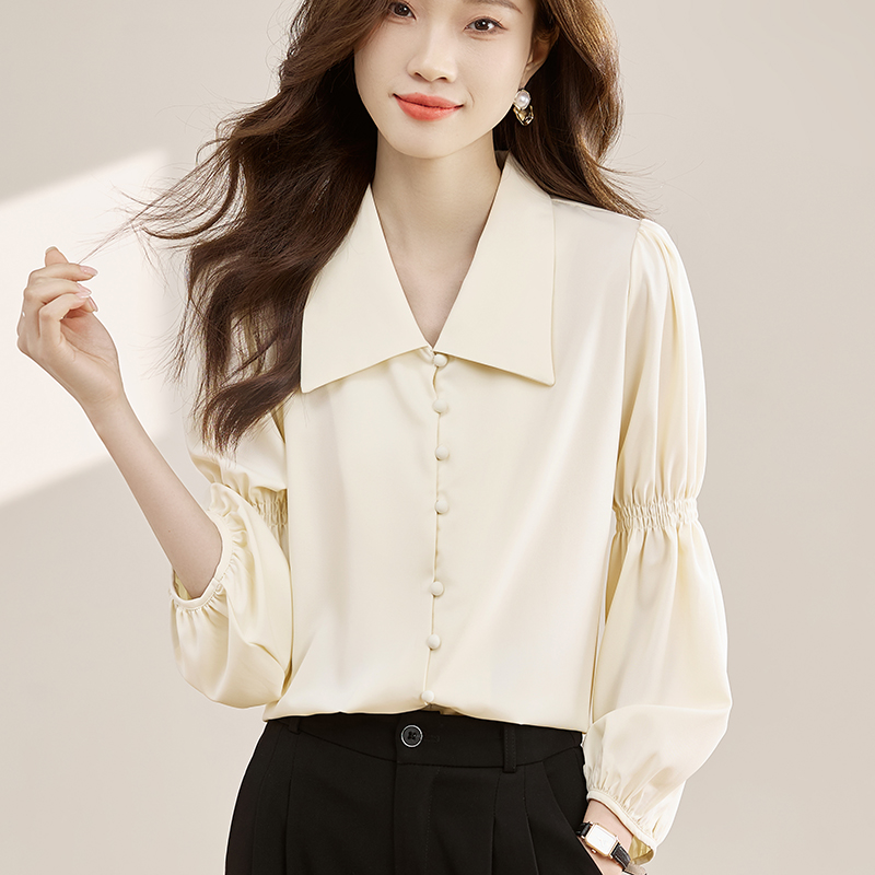 France style V-neck tops retro spring and autumn shirt