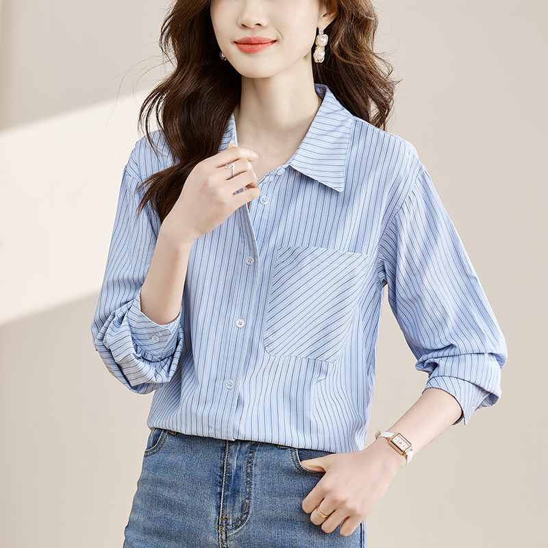 Blue spring Casual profession stripe commuting shirt for women