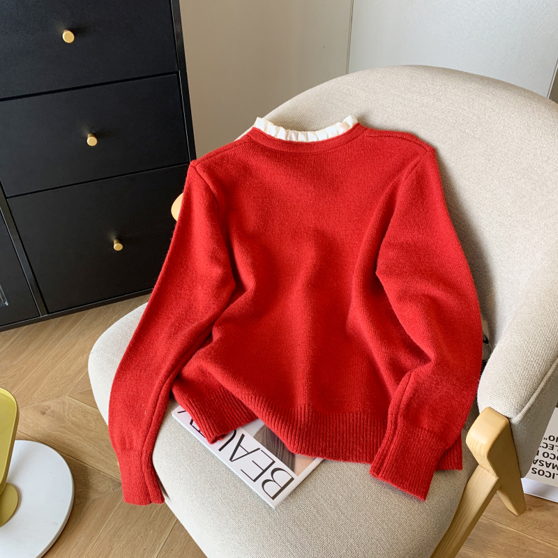 Spring fungus collar tops red knitted sweater for women