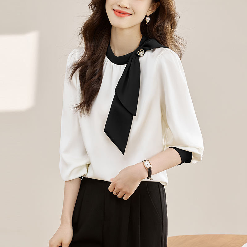 Satin tender bow tops spring mixed colors shirt for women