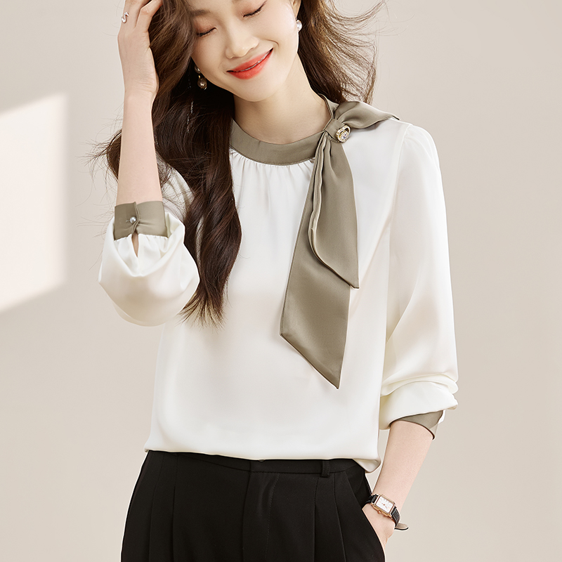 Satin tender bow tops spring mixed colors shirt for women