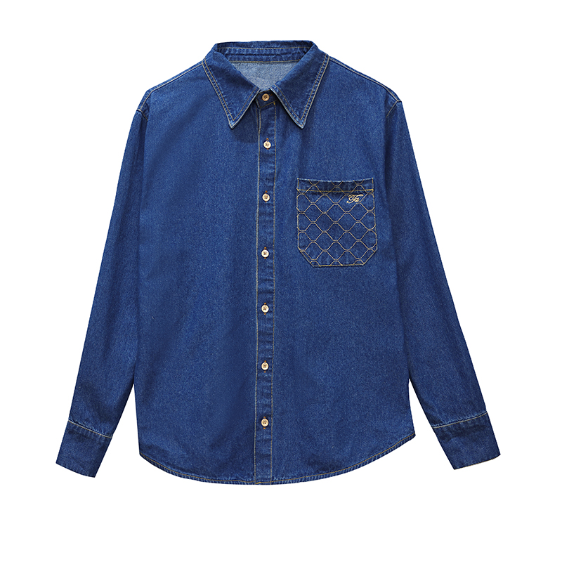 Navy-blue embroidered denim tops retro Casual shirt
