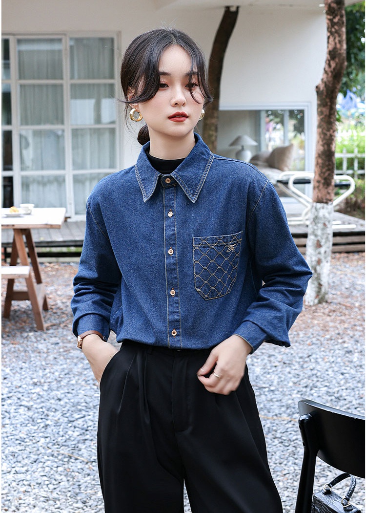 Navy-blue embroidered denim tops retro Casual shirt