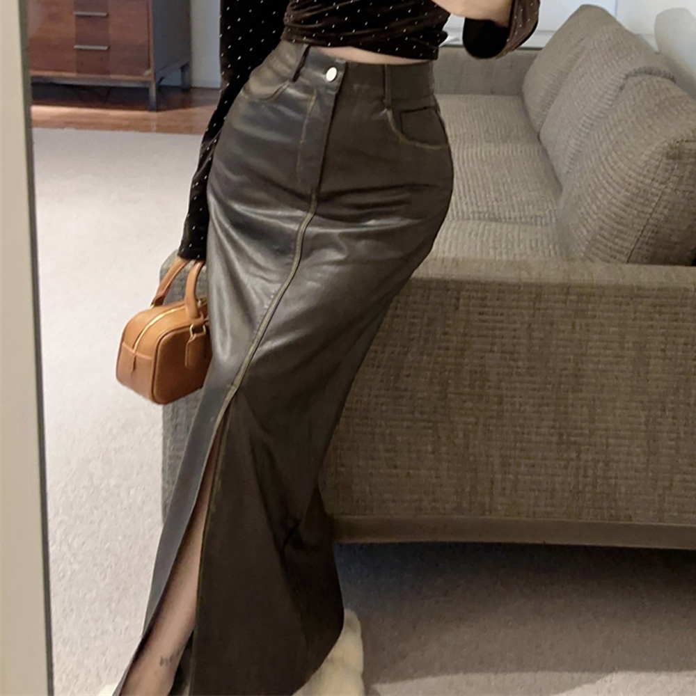 High waist slim PU skirt slit winter retro leather skirt