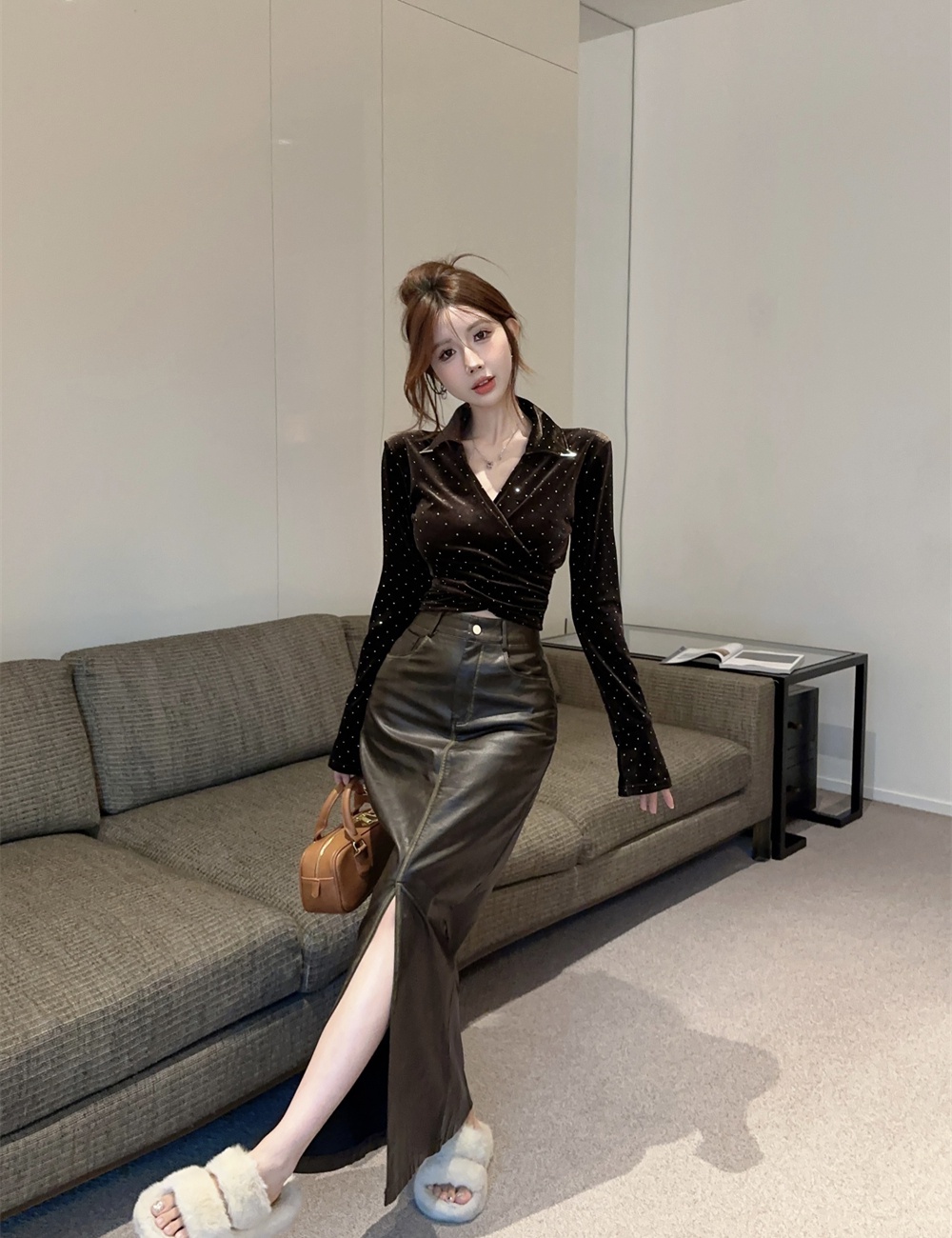 High waist slim PU skirt slit winter retro leather skirt