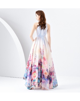 Halter painted spring long printing wavy edge dress