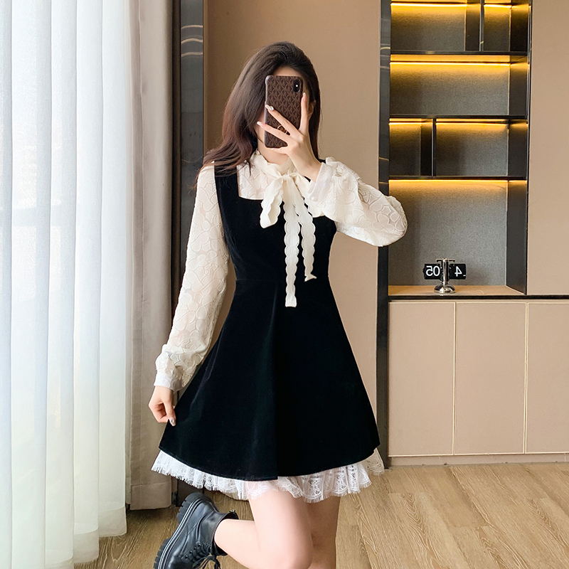Lace slim tops spring and autumn France style dress 2pcs set