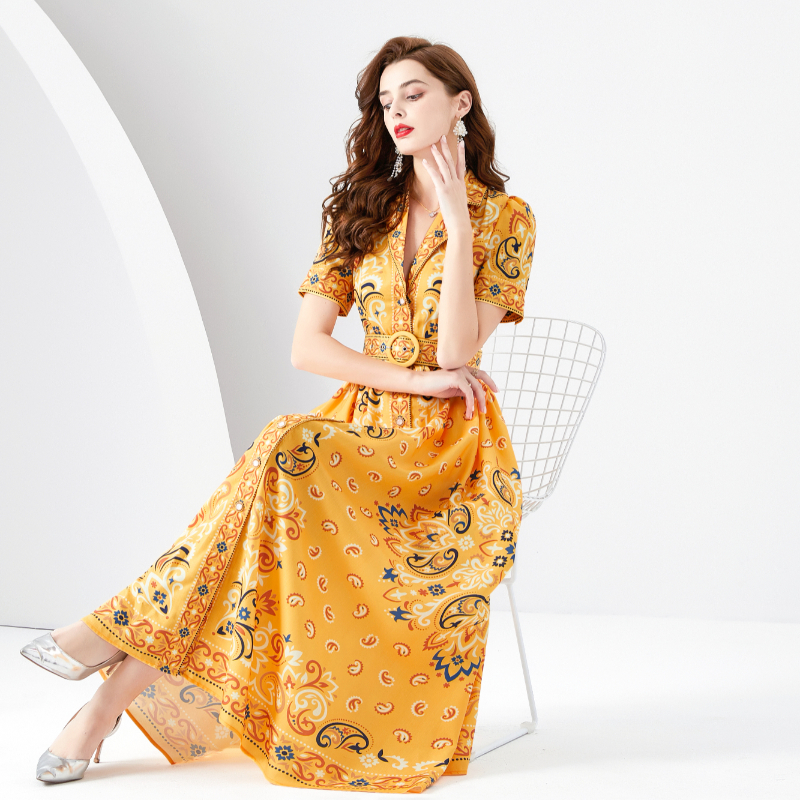 Printing short sleeve long dress vacation spring business suit