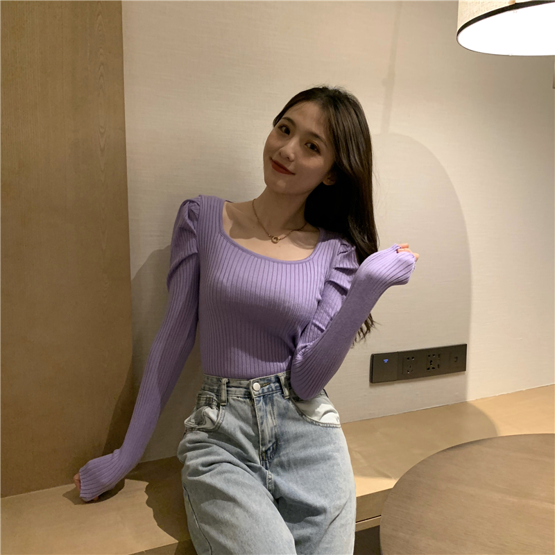 Puff sleeve slim tops long sleeve simple sweater for women