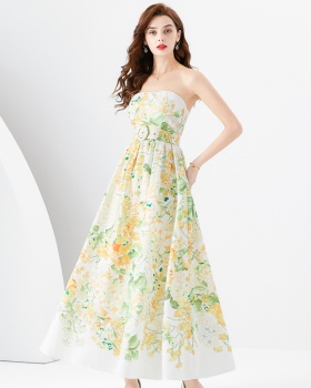 Spring wavy edge long wrapped chest printing dress