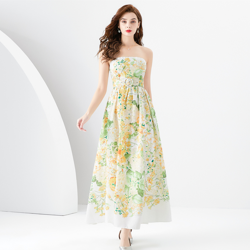 Spring wavy edge long wrapped chest printing dress