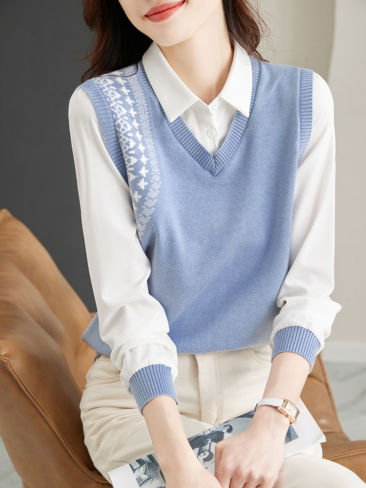 Niche long sleeve tops Pseudo-two lapel sweater for women