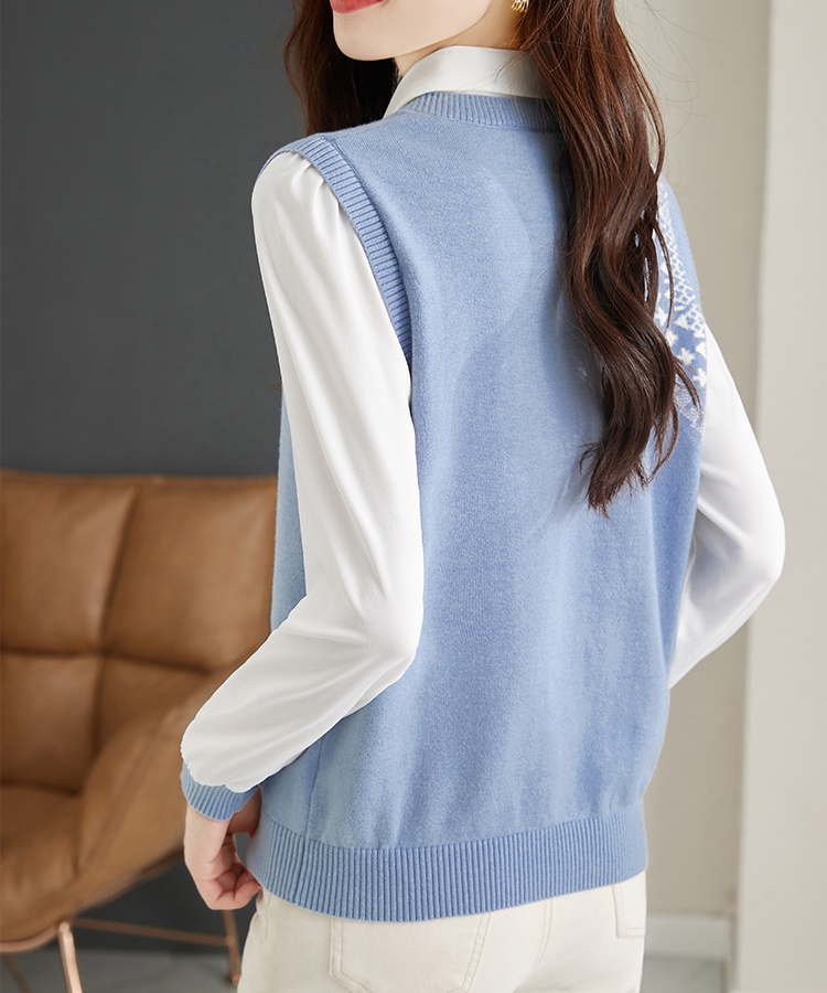 Niche long sleeve tops Pseudo-two lapel sweater for women