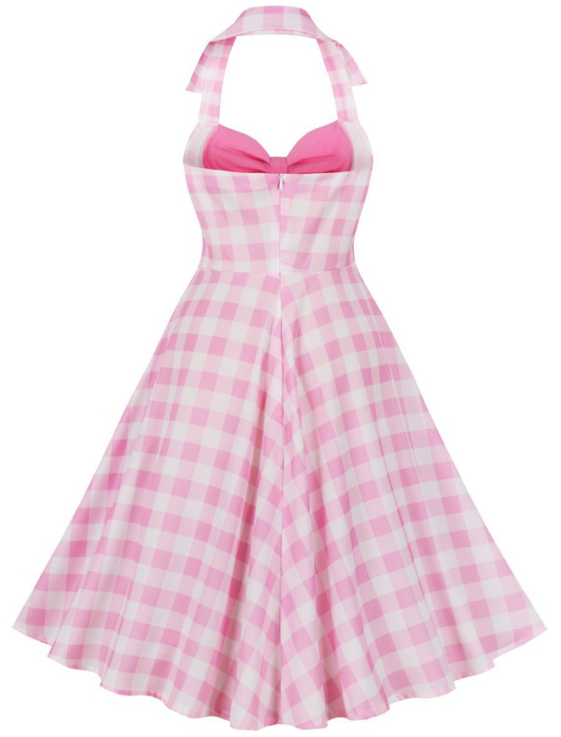 Big skirt pink plaid sleeveless halter barbie dress for women