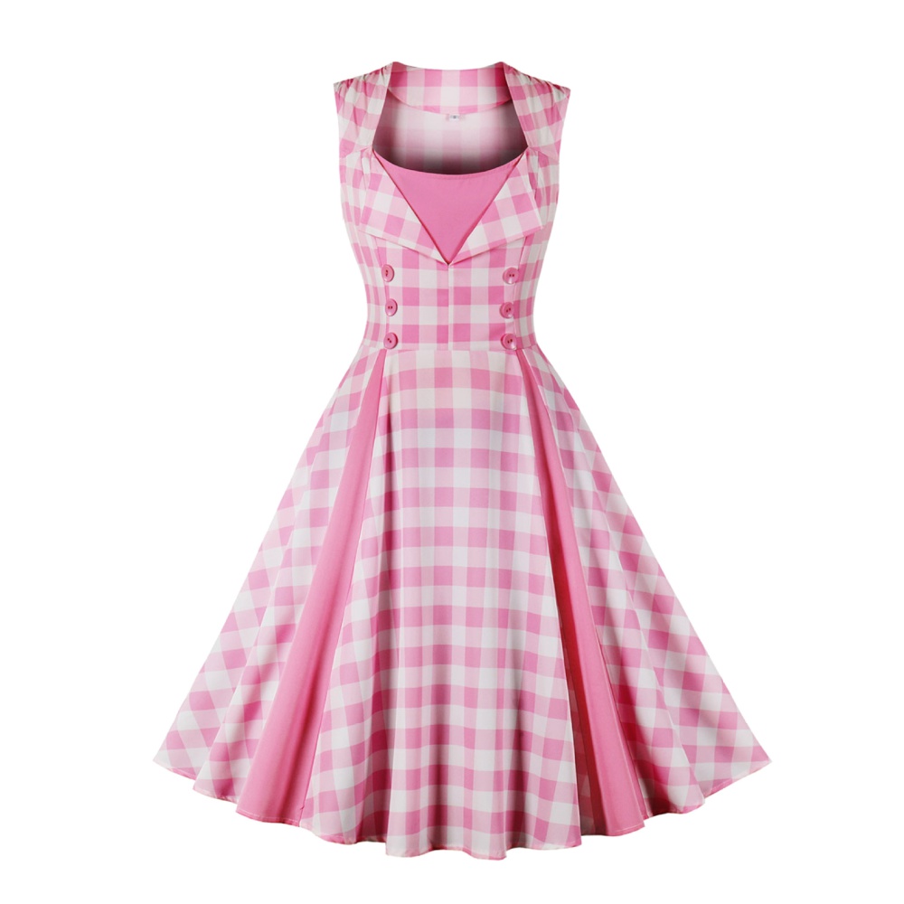 Pleated pink European style sleeveless fat plaid dress
