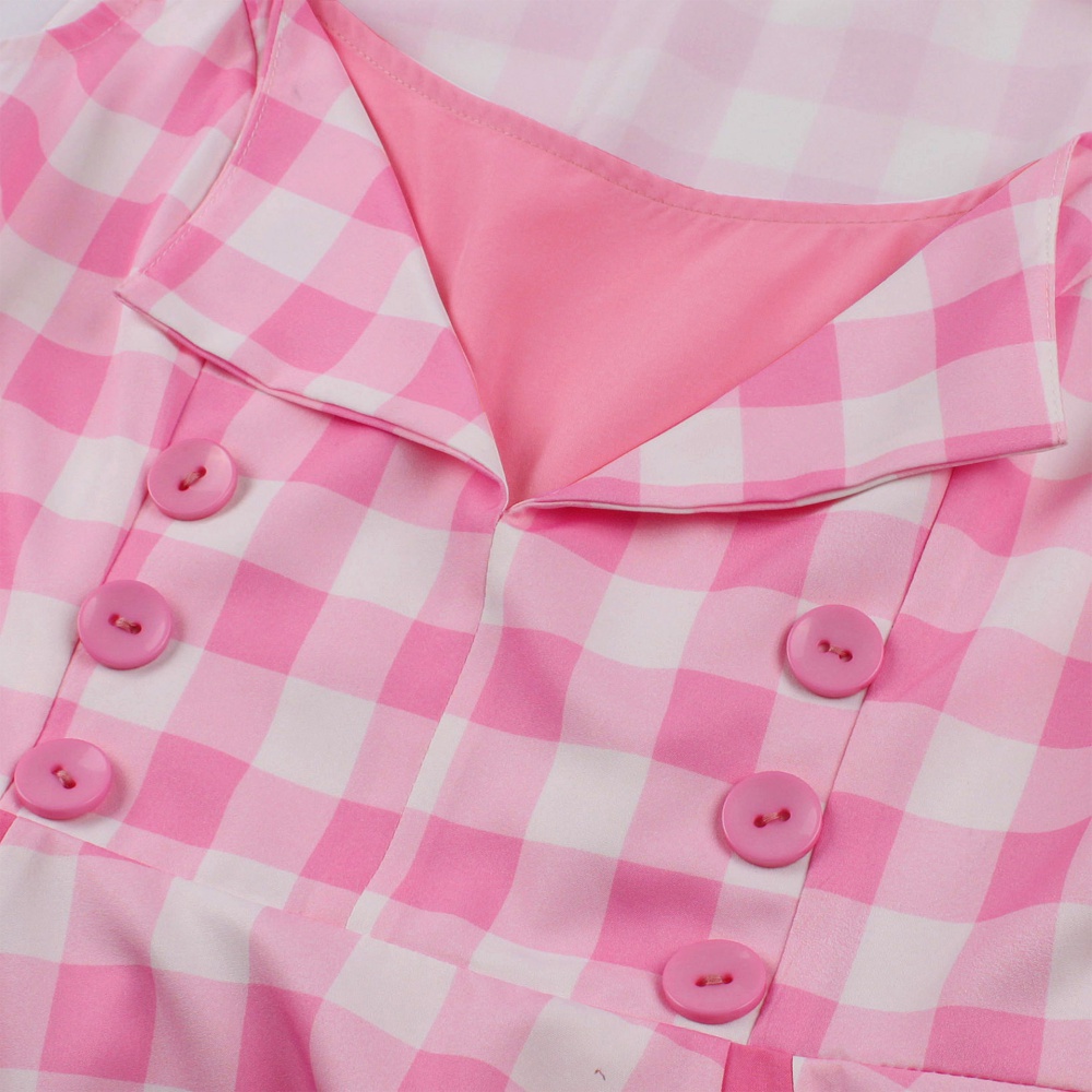 Pleated pink European style sleeveless fat plaid dress