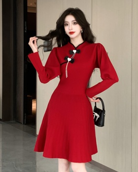 Knitted red dress tassels cheongsam