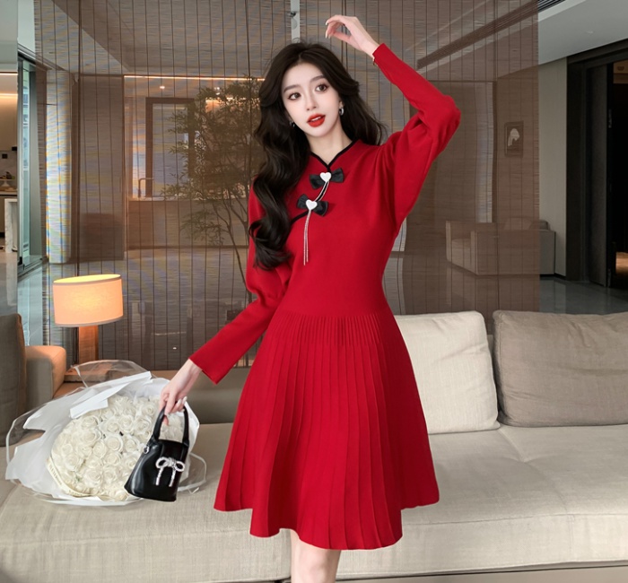 Knitted red dress tassels cheongsam