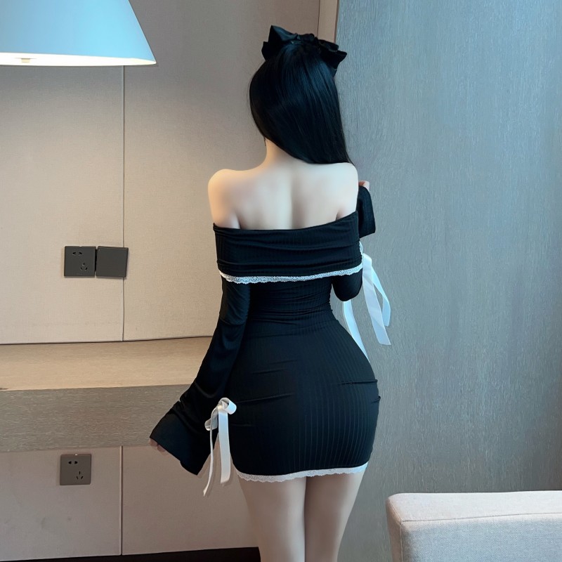 Enticement sexy horizontal collar tight long sleeve dress