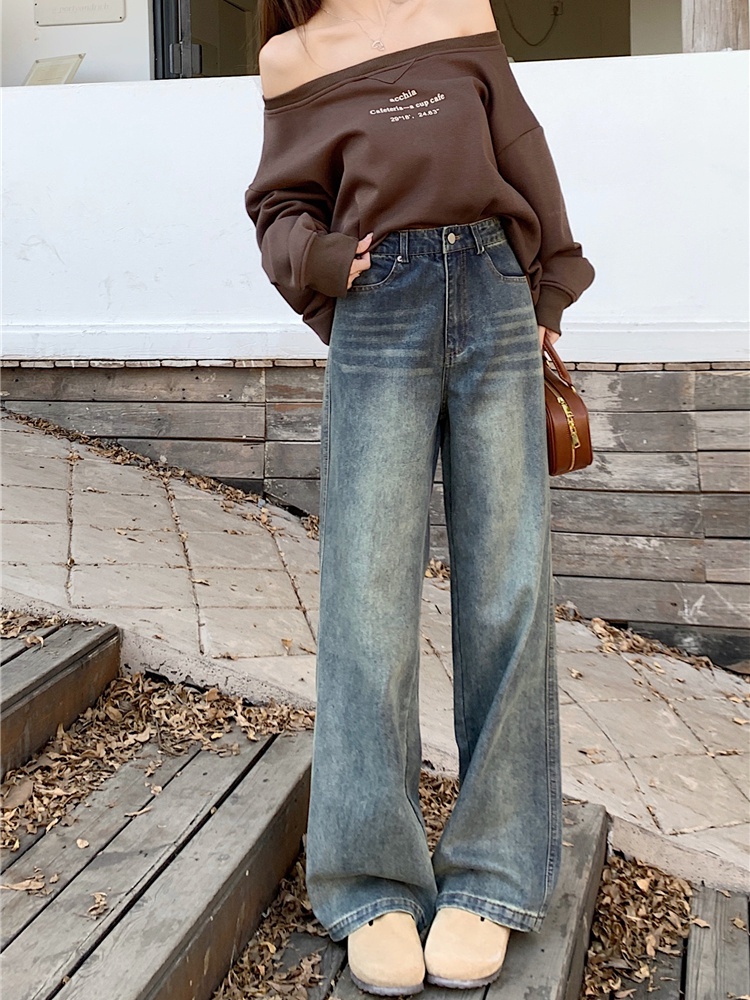 Retro loose mopping jeans high waist spring long pants