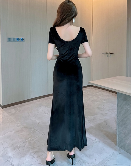 V-neck nightclub slim dress split velvet sexy formal dress