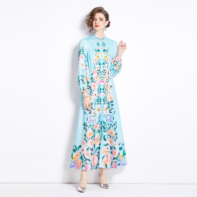 Flowers single-breasted dress cstand collar long dress