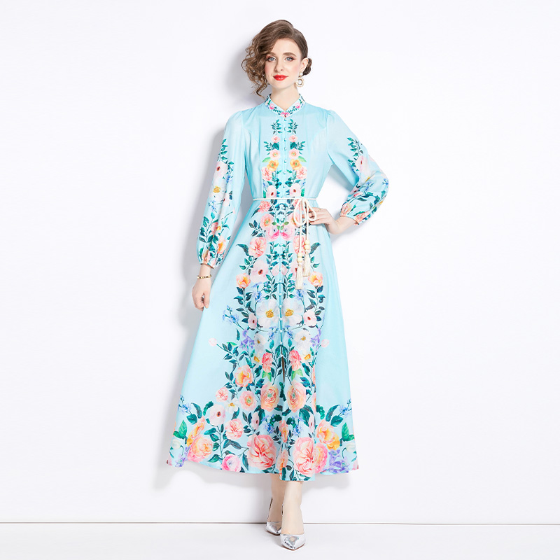 Flowers single-breasted dress cstand collar long dress
