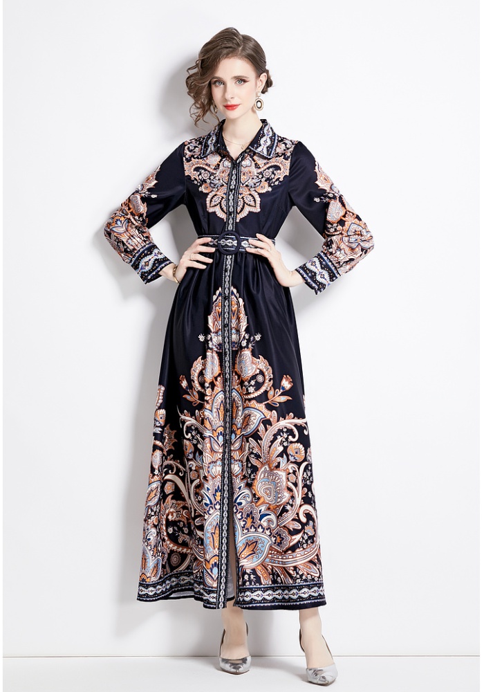 Breasted court style long dress lapel spring dress