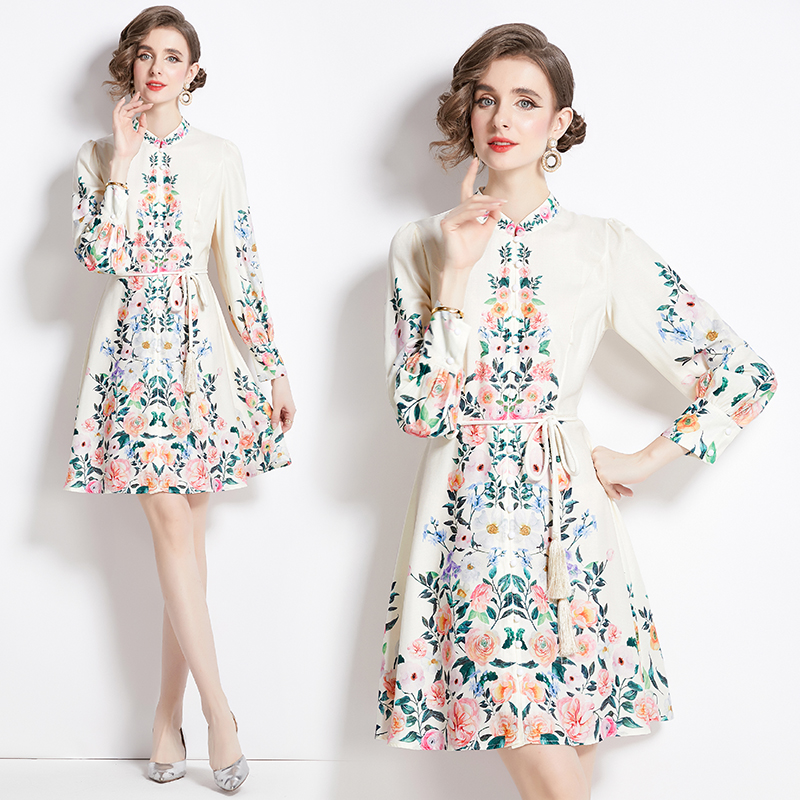 Spring single-breasted cstand collar flowers dress