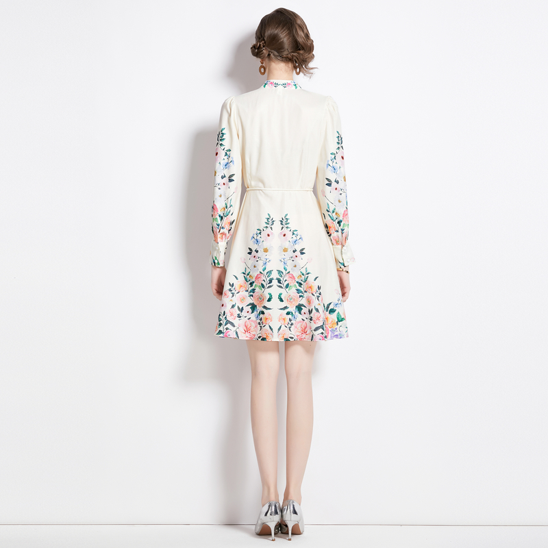 Spring single-breasted cstand collar flowers dress