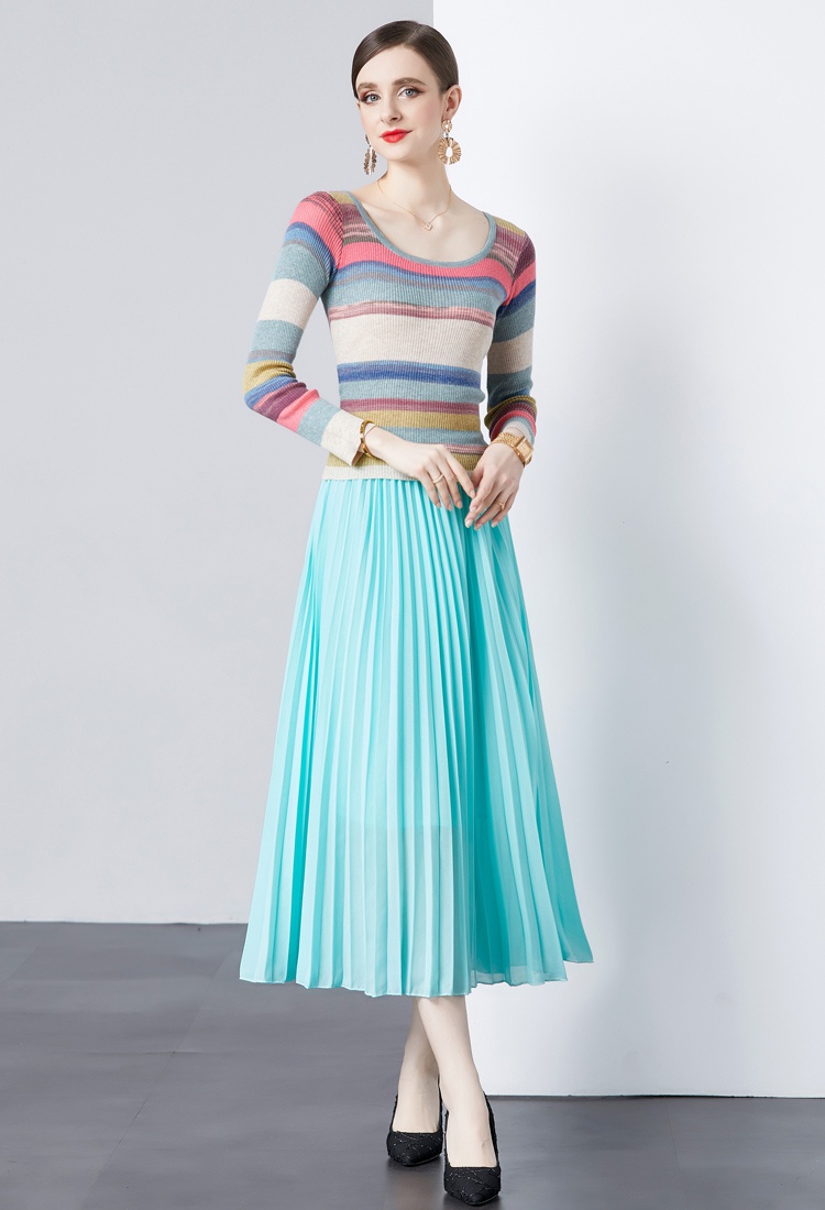 Knitted all-match tops refreshing simple skirt 2pcs set