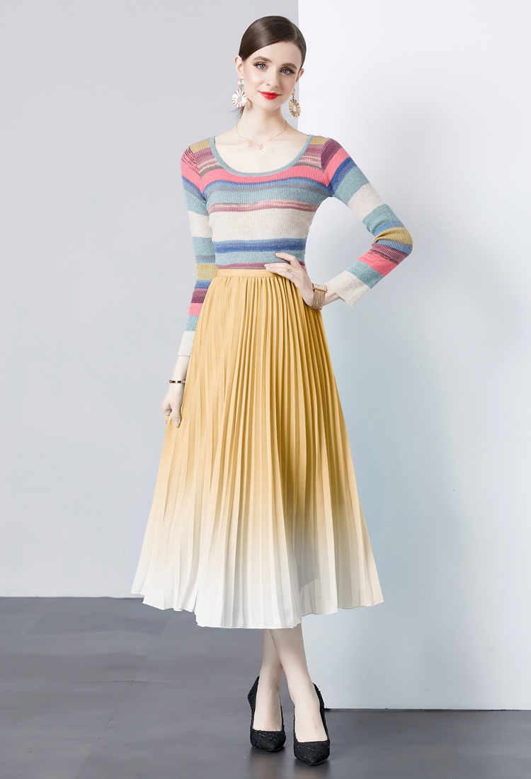 All-match chiffon tops pleated knitted skirt 2pcs set