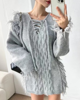 Retro twist knitted frenum burr all-match V-neck lazy sweater
