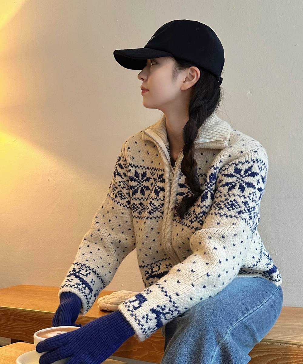 Personality loose lapel zip Korean style sweater