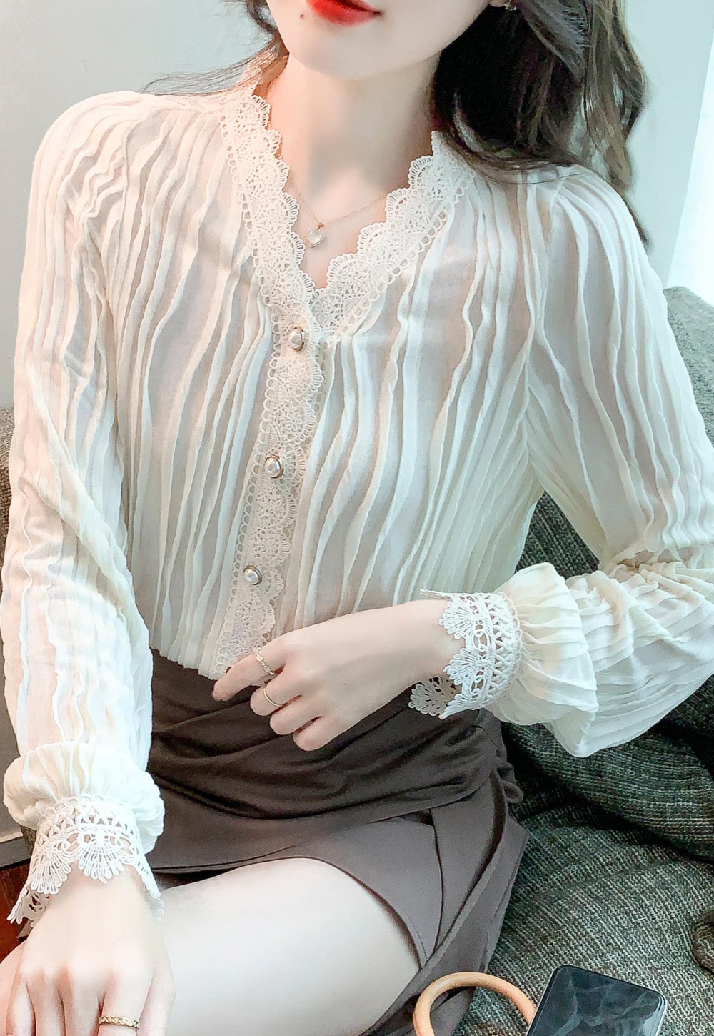Lantern sleeve temperament beautiful shirt splice lace shirts