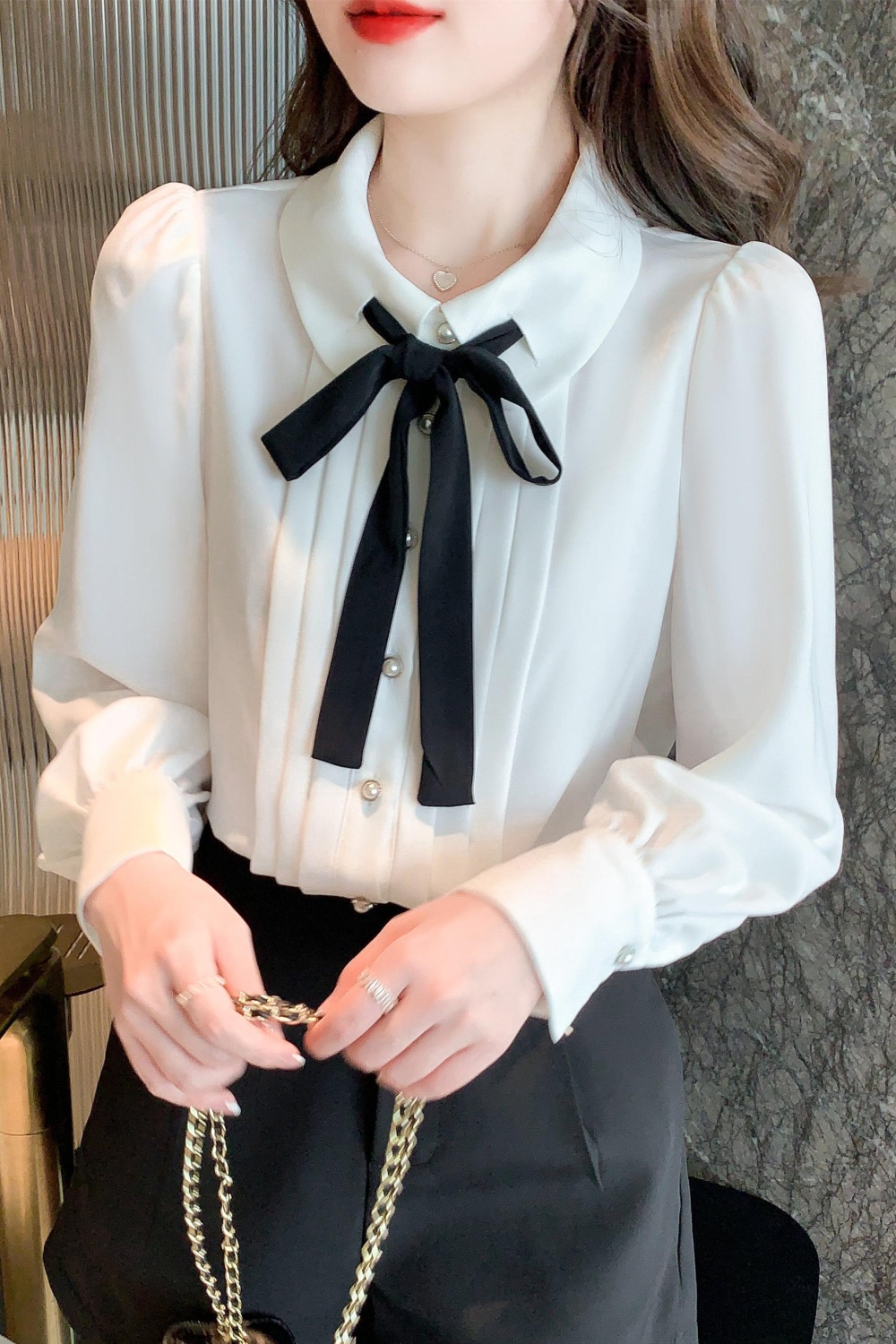 Long sleeve spring small shirt bow tops for women