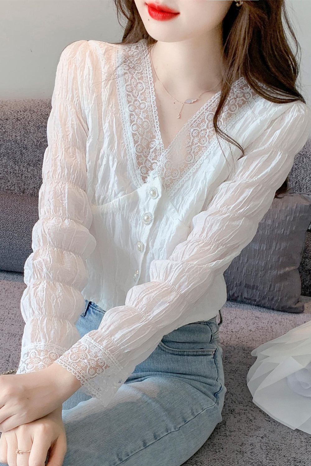 Beautiful short tops lace temperament chiffon shirt