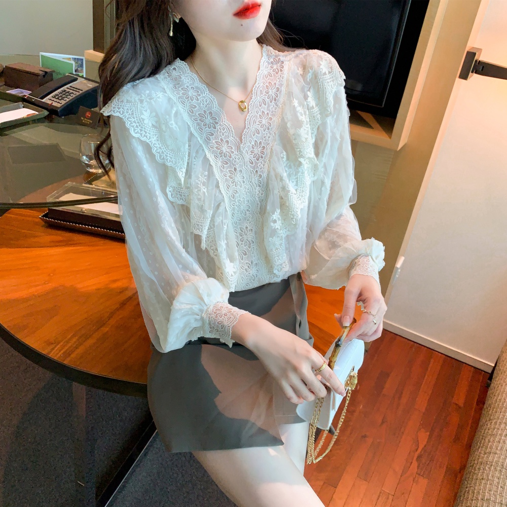 Lace lady spring shirts long sleeve tender V-neck tops