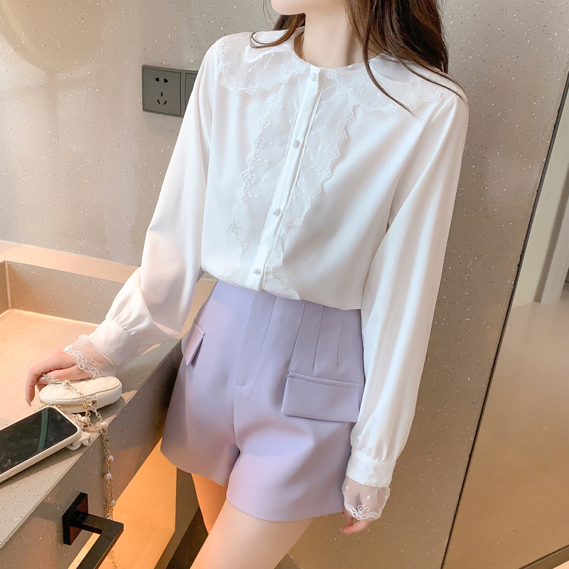 Spring long sleeve tops white doll collar bottoming shirt