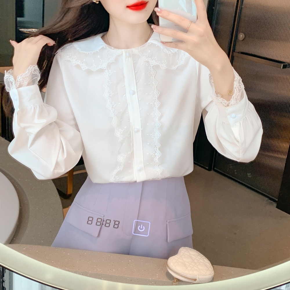 Spring long sleeve tops white doll collar bottoming shirt