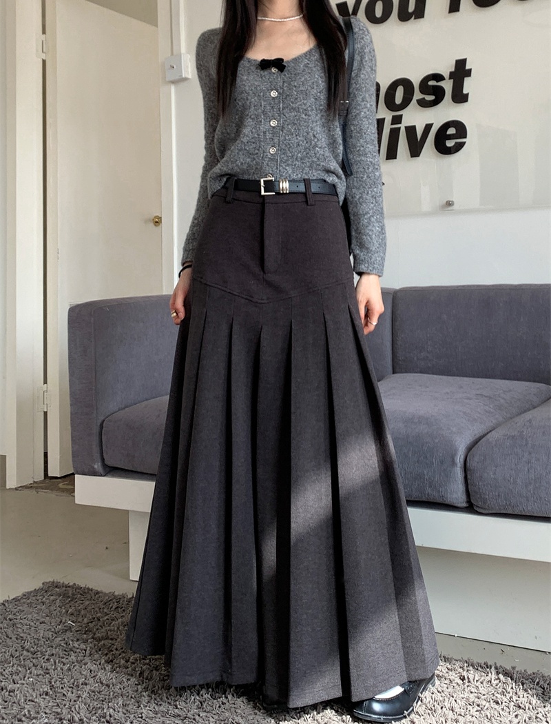 Retro woolen winter A-line pleated slim skirt for women