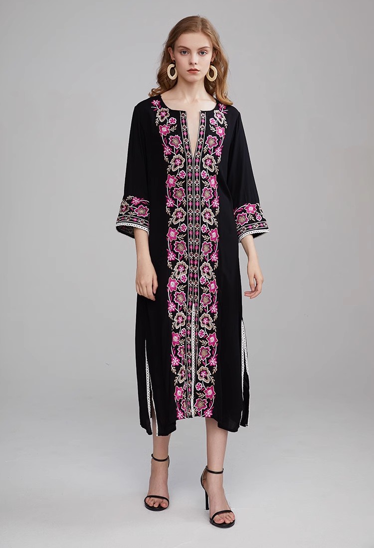 Embroidery V-neck long dress Bohemian style dress