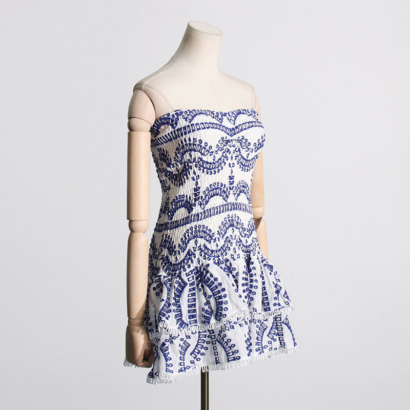 Spring short elastic waist embroidery dress for women