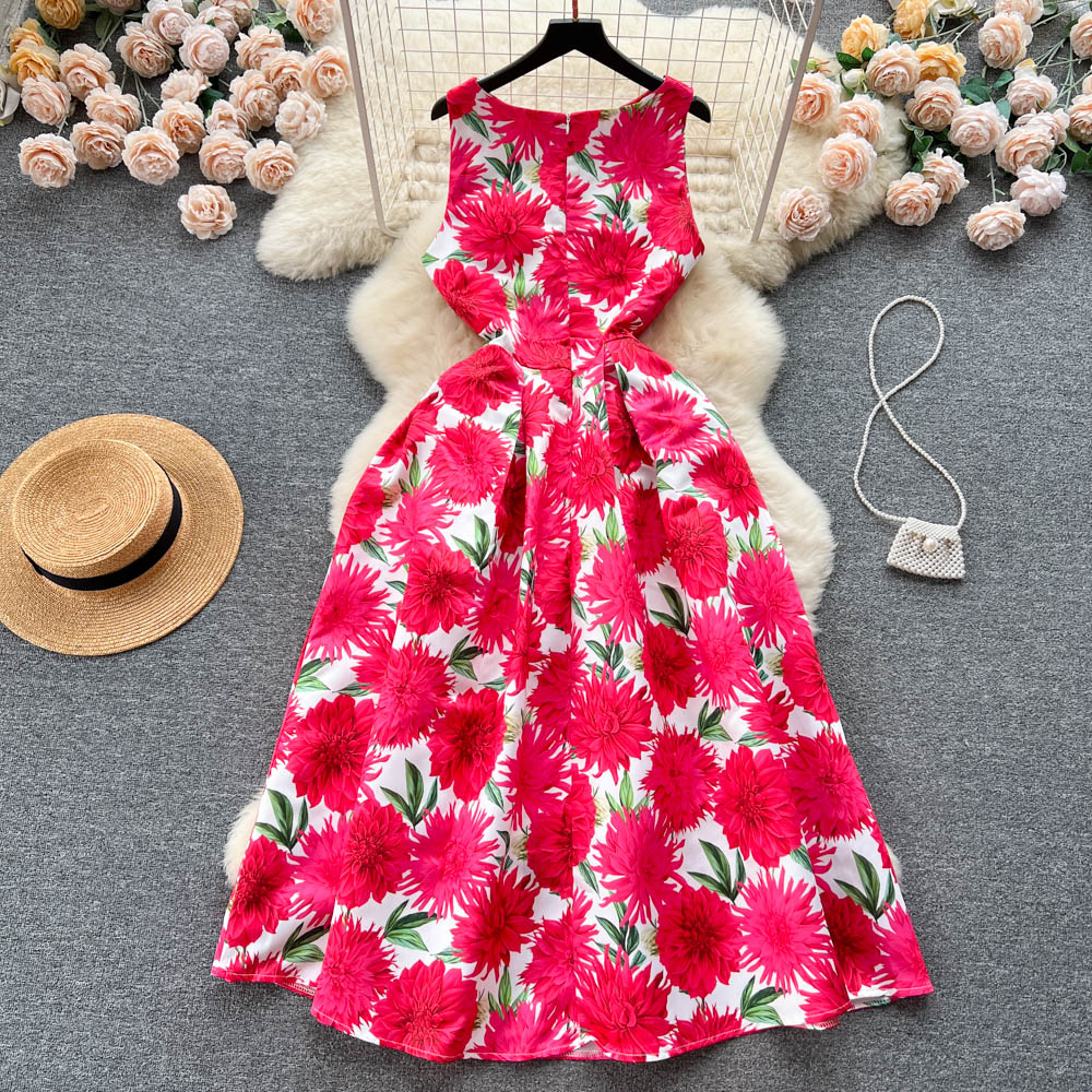 Stereoscopic pinched waist printing round neck long niche dress