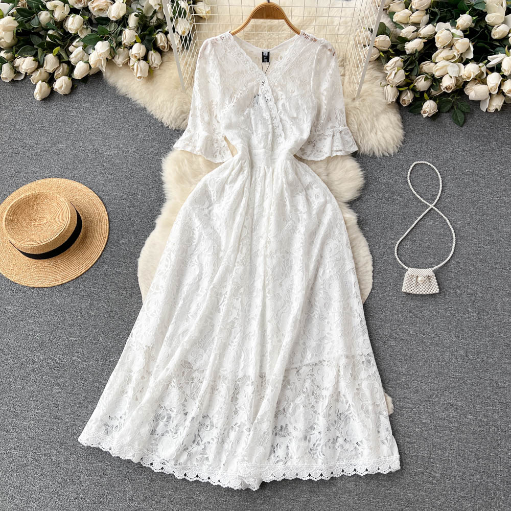 Summer art elegant lady dress white V-neck dress for women