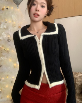 Mixed colors slim tops lapel double zip sweater