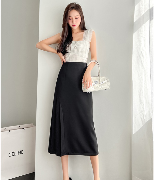 Slim spring and summer A-line long skirt black pleated skirt