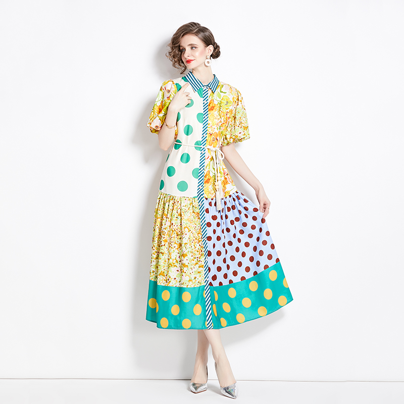 Cotton linen retro long dress spring printing dress